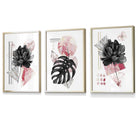Set of 3 Abstract Pink and Black Floral Wall Art Prints / Framed | Artze Wall Art UK