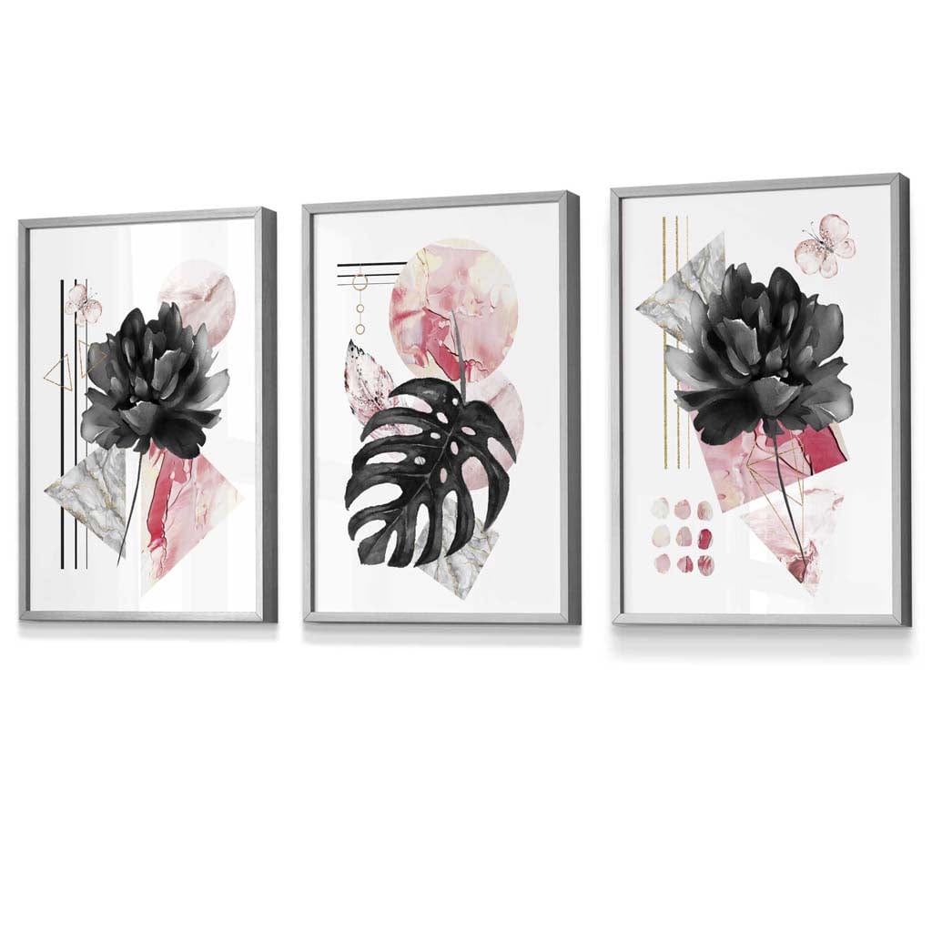 Set of 3 Abstract Pink and Black Floral Wall Art Prints / Framed | Artze Wall Art UK