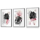 Set of 3 Abstract Pink and Black Floral Wall Art Prints / Framed | Artze Wall Art UK