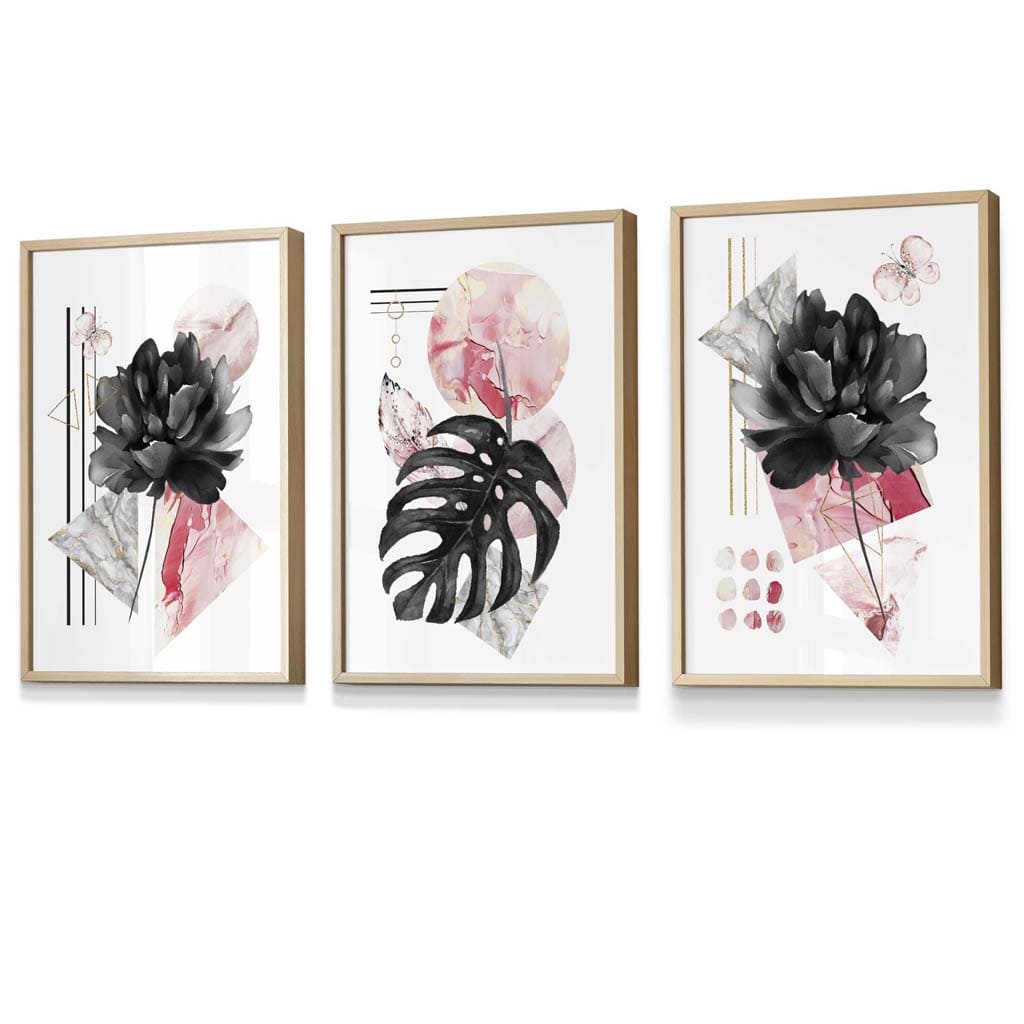 Set of 3 Abstract Pink and Black Floral Wall Art Prints / Framed | Artze Wall Art UK