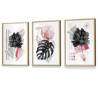 Set of 3 Abstract Pink and Black Floral Wall Art Prints / Framed | Artze Wall Art UK
