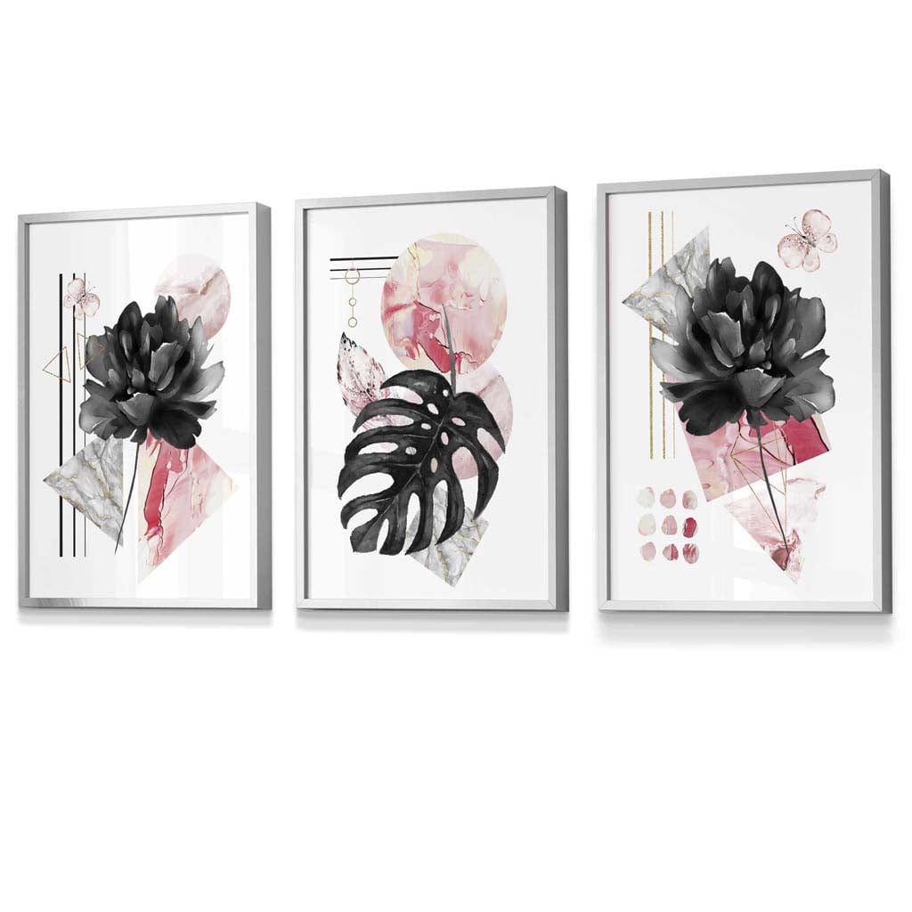 Set of 3 Abstract Pink and Black Floral Wall Art Prints / Framed | Artze Wall Art UK