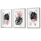 Set of 3 Abstract Pink and Black Floral Wall Art Prints / Framed | Artze Wall Art UK