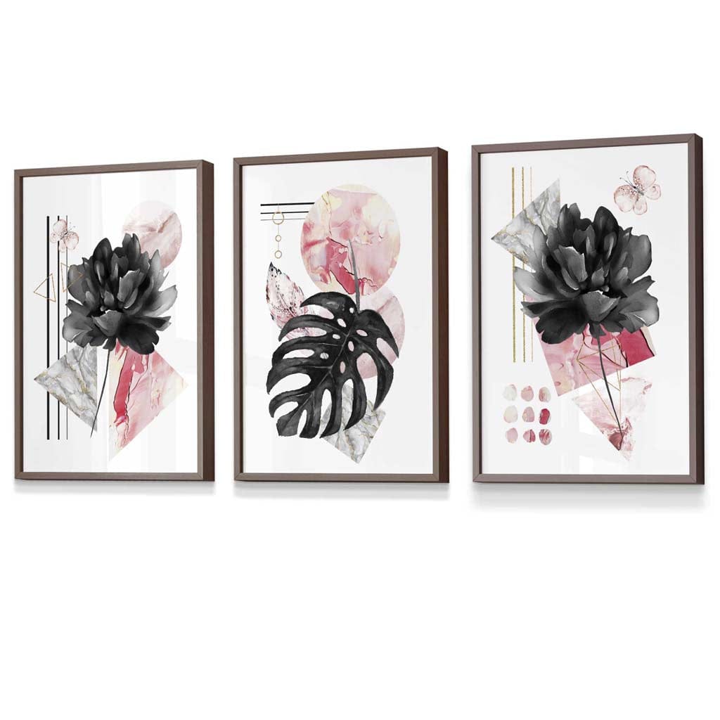 Set of 3 Abstract Pink and Black Floral Wall Art Prints / Framed | Artze Wall Art UK