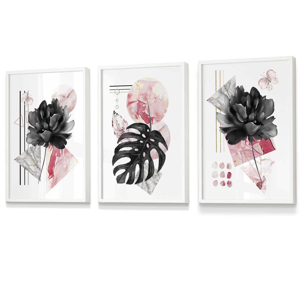 Set of 3 Abstract Pink and Black Floral Wall Art Prints / Framed | Artze Wall Art UK