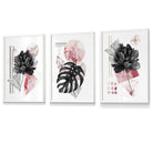Set of 3 Abstract Pink and Black Floral Wall Art Prints / Framed | Artze Wall Art UK