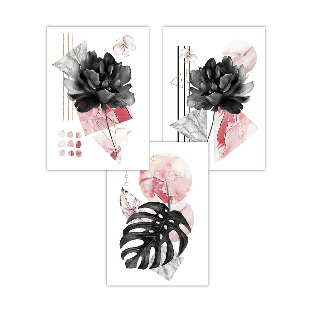 Set of 3 Modern Floral Wall Art Prints Pink & Black