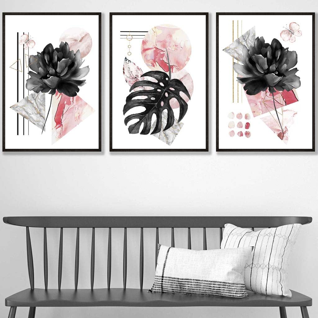 Set of 3 Modern Floral Wall Art Prints Pink & Black