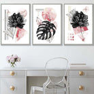 Set of 3 Modern Floral Wall Art Prints Pink & Black