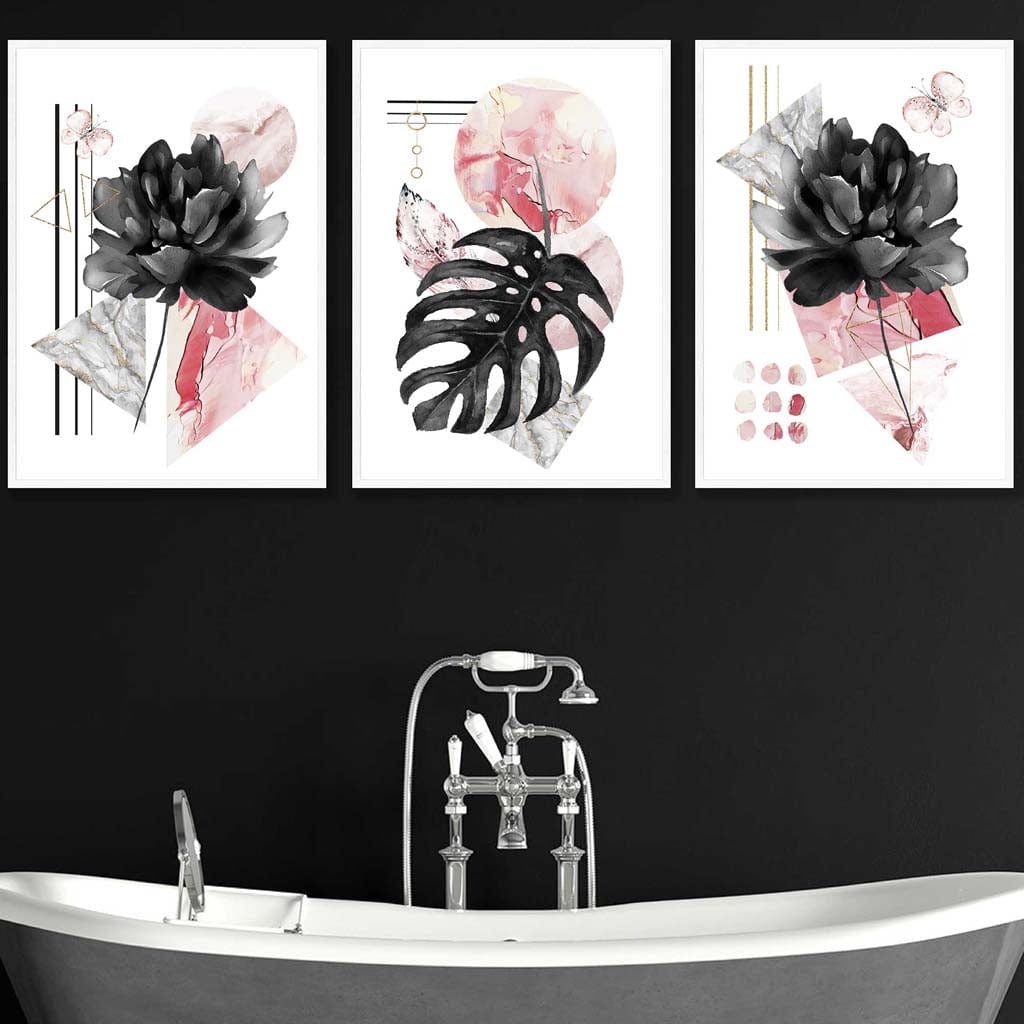 Set of 3 Modern Floral Wall Art Prints Pink & Black