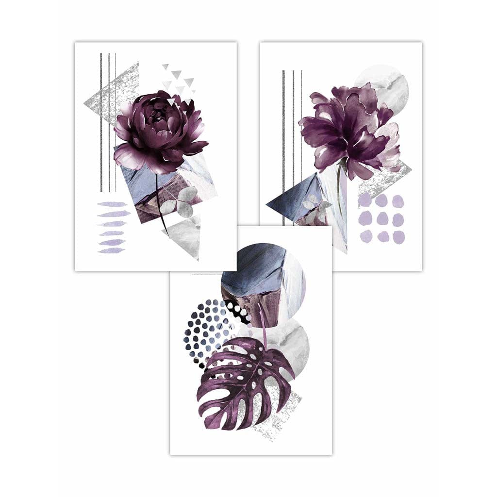 Contemporary Purple and Silver Grey Floral Set of 3 Wall Art Prints