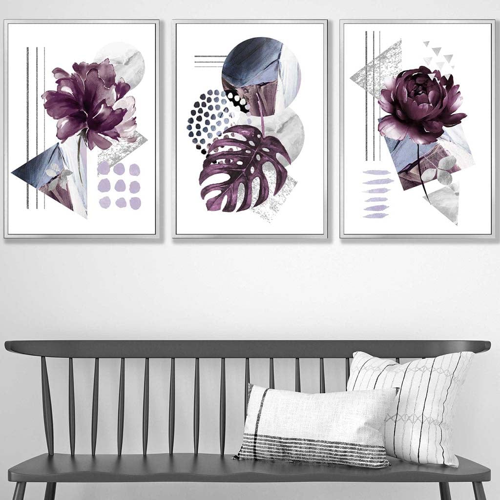 Contemporary Purple and Silver Grey Floral Set of 3 Wall Art Prints