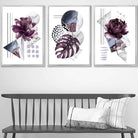 Contemporary Purple and Silver Grey Floral Set of 3 Wall Art Prints