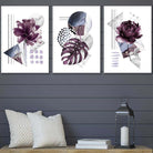 Contemporary Purple and Silver Grey Floral Set of 3 Wall Art Prints