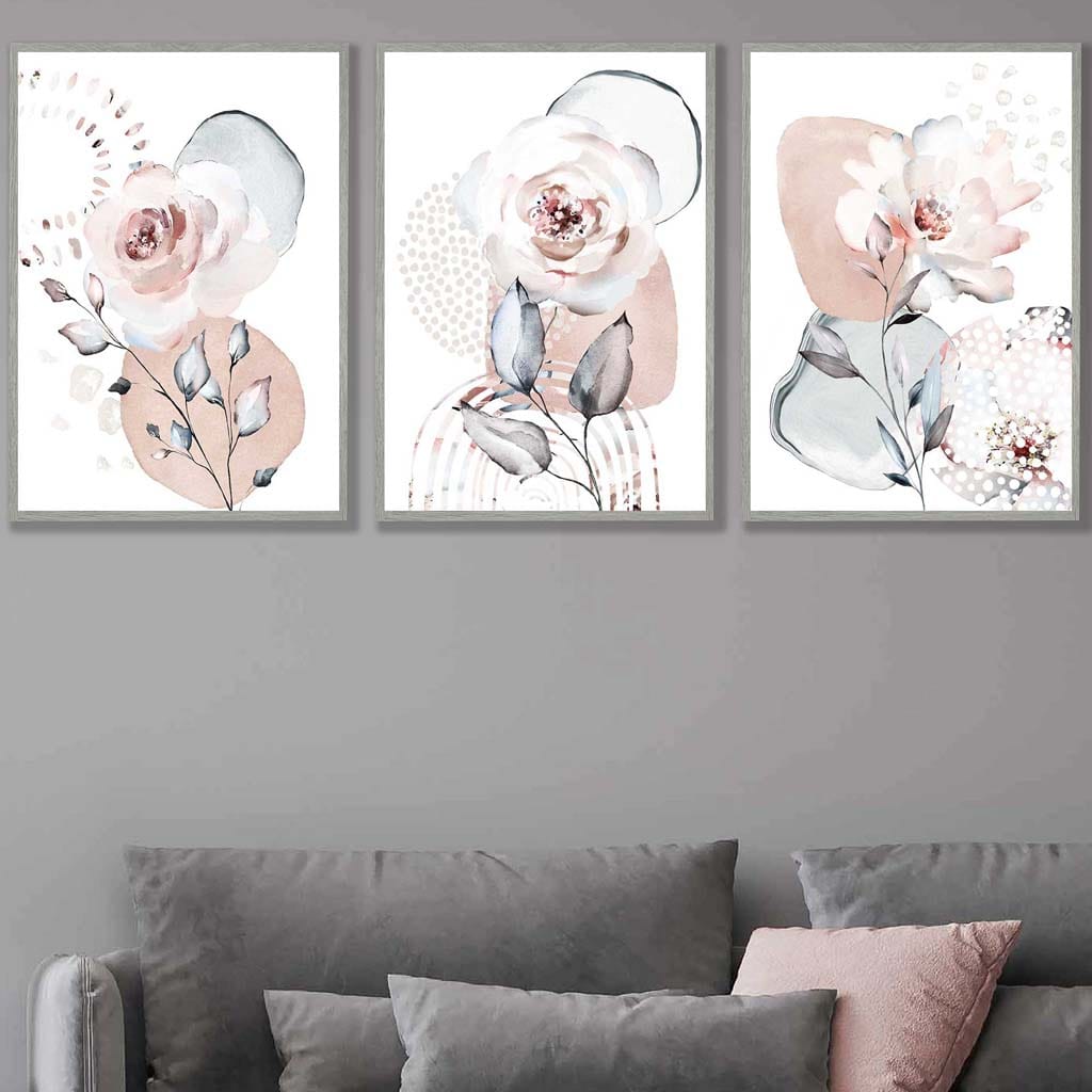 Abstract Blush Pink and Grey Floral Art Prints