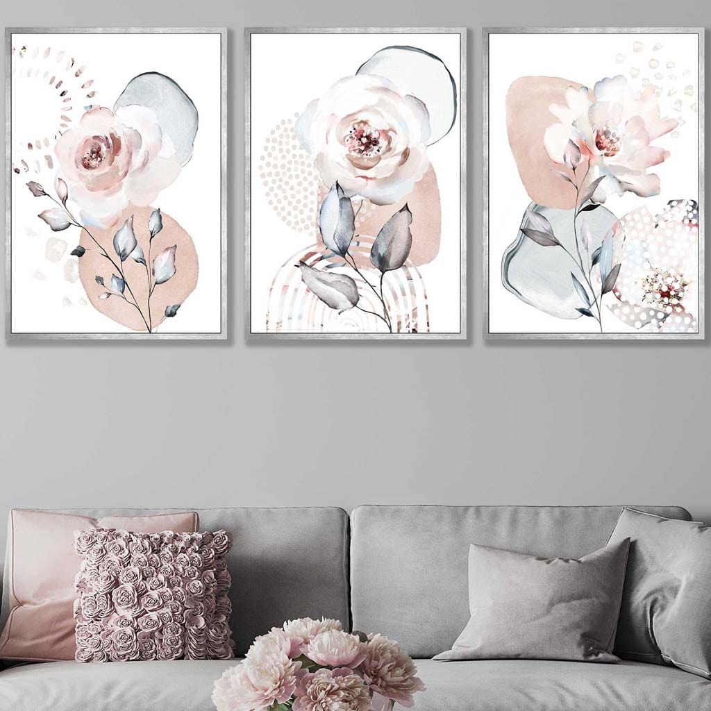 Abstract Blush Pink and Grey Floral Art Prints