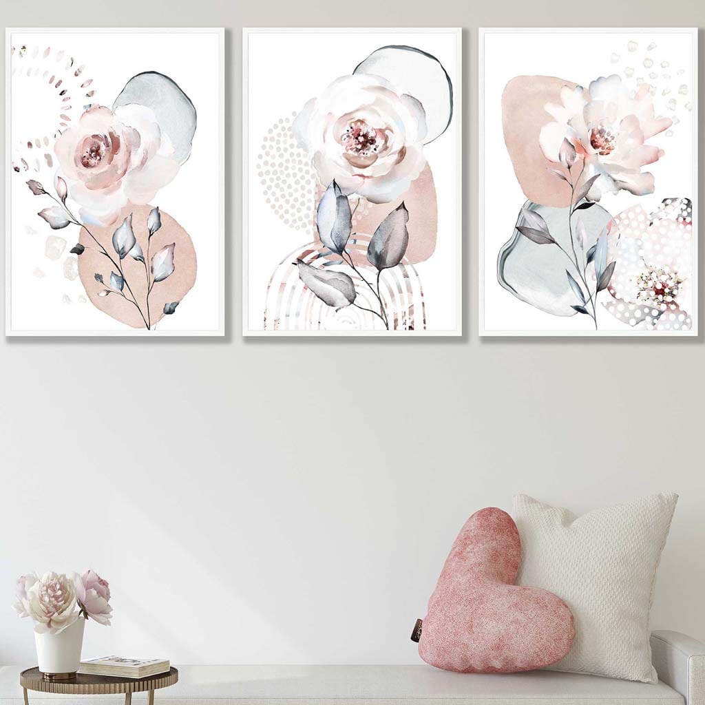 Abstract Blush Pink and Grey Floral Art Prints