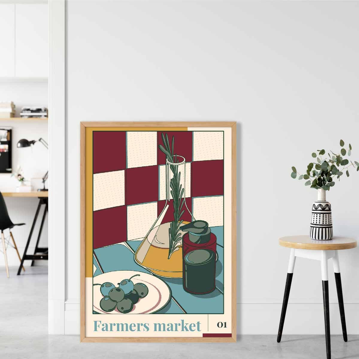 Farmers Market Poster No 1 in Damson Red and Blue