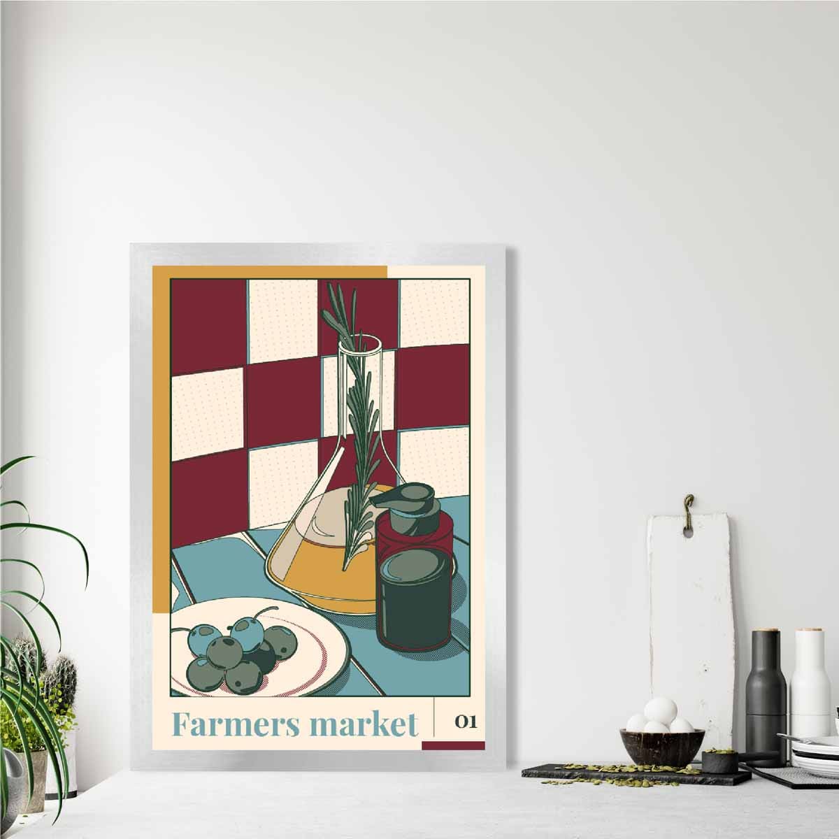 Farmers Market Poster No 1 in Damson Red and Blue