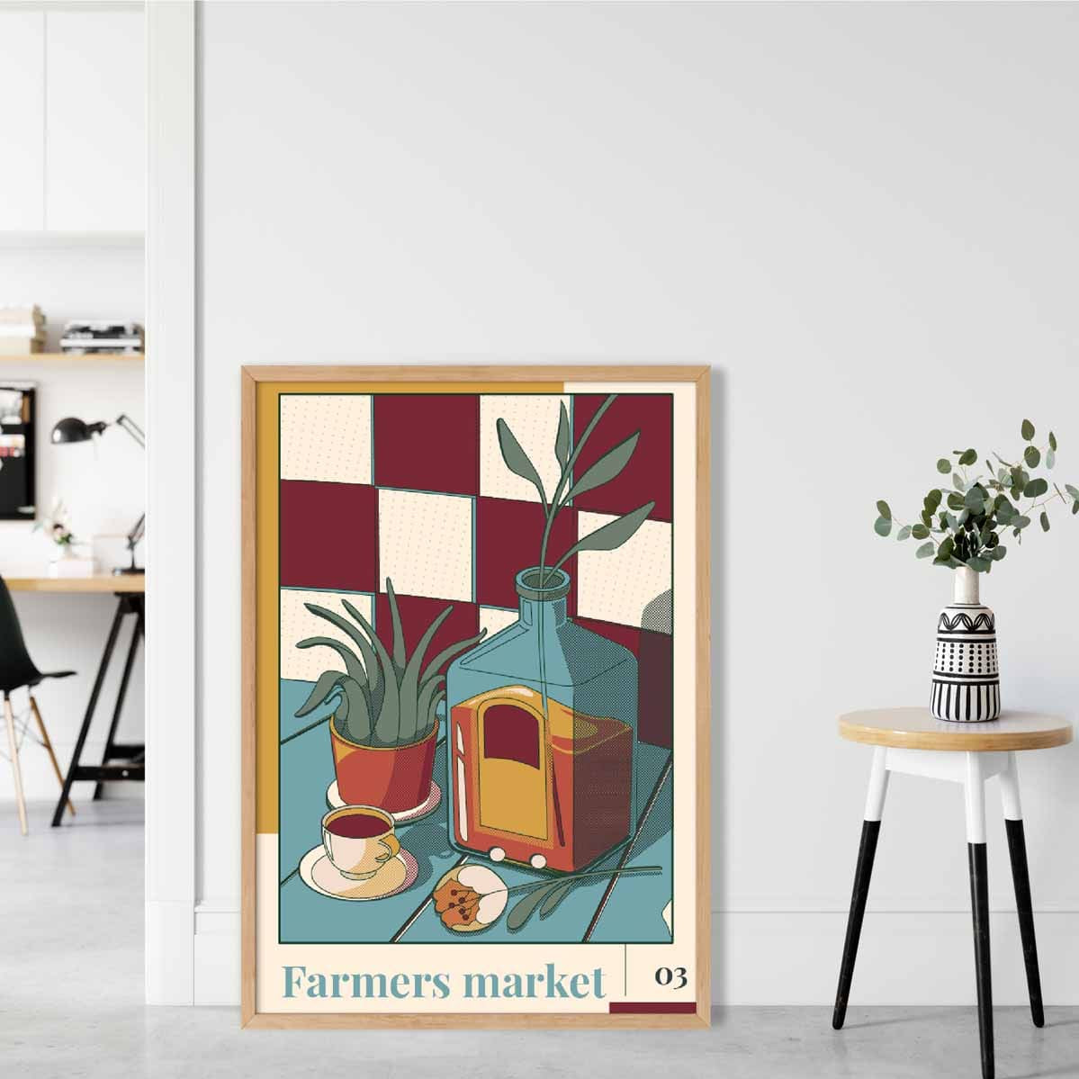 Farmers Market Poster No 3 in Damson Red and Blue