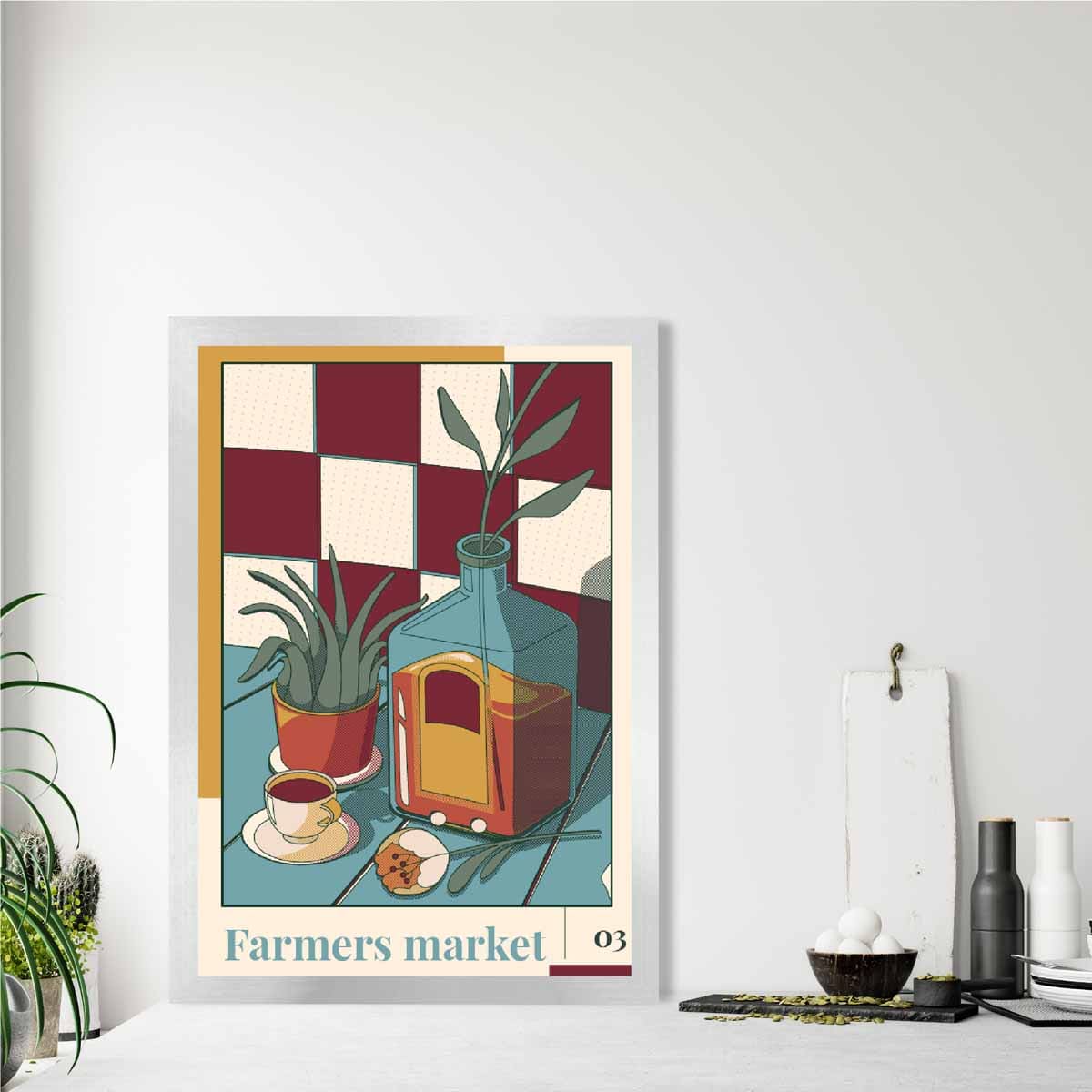 Farmers Market Poster No 3 in Damson Red and Blue
