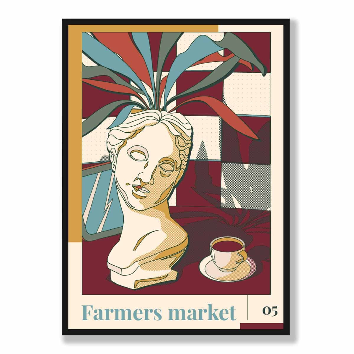 Farmers Market Poster No 5 in Damson Red and Blue
