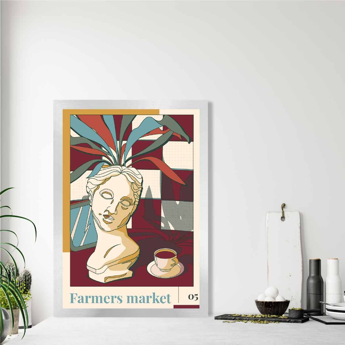 Farmers Market Poster No 5 in Damson Red and Blue
