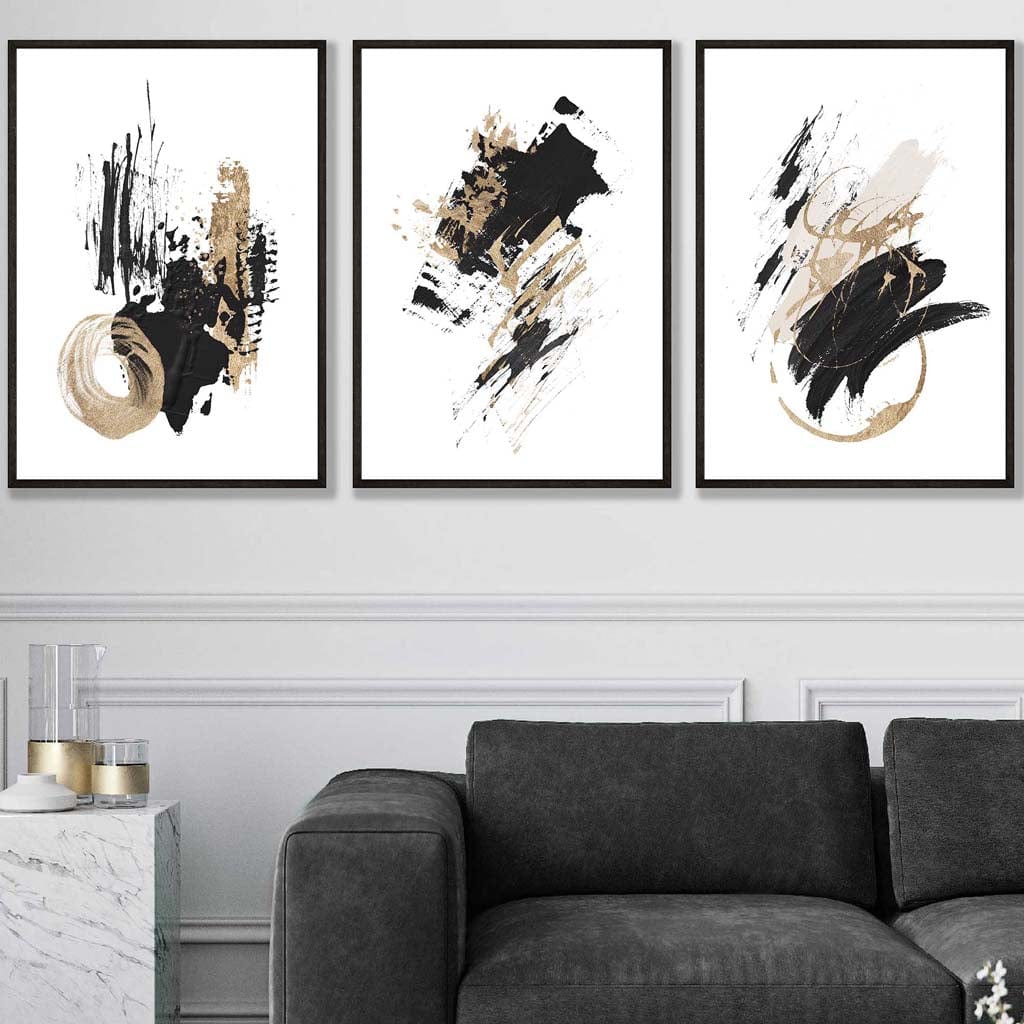 Set of 3 Abstract Wall Art Prints from Oil Paintings Black and Gold
