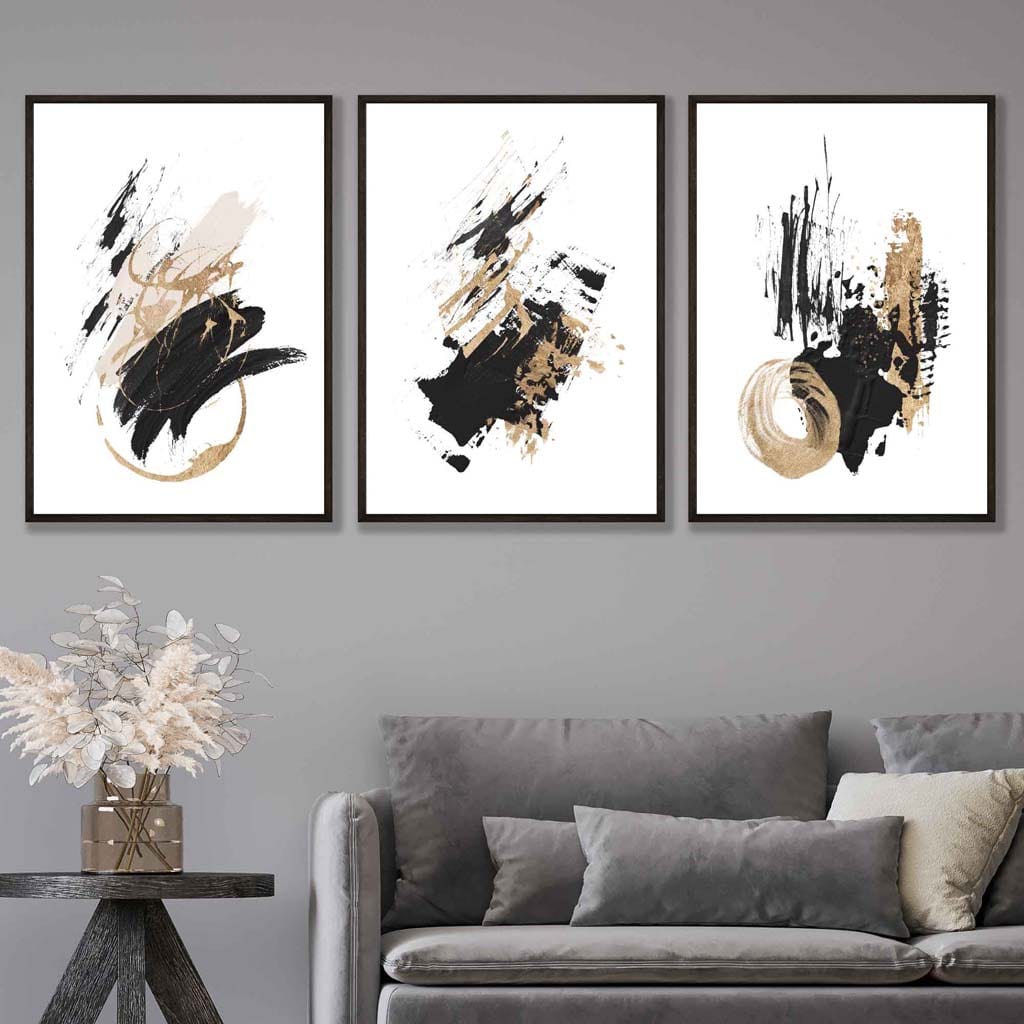 Set of 3 Abstract Wall Art Prints from Oil Paintings Black and Gold