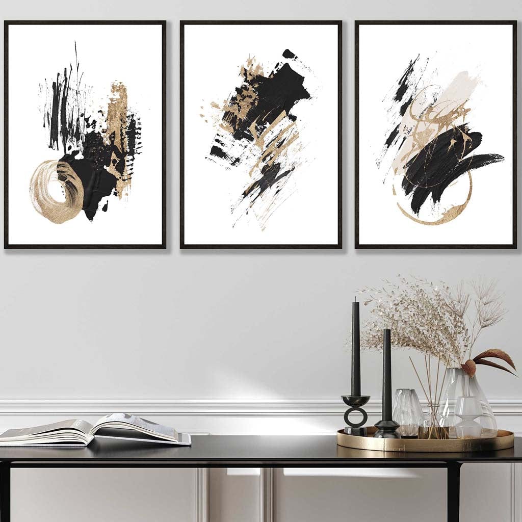 Set of 3 Abstract Wall Art Prints from Oil Paintings Black and Gold