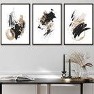 Set of 3 Abstract Wall Art Prints from Oil Paintings Black and Gold