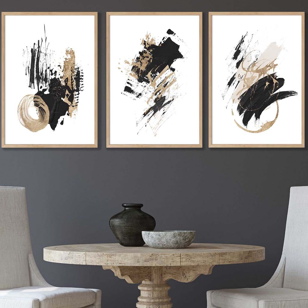 Set of 3 Abstract Wall Art Prints from Oil Paintings Black and Gold