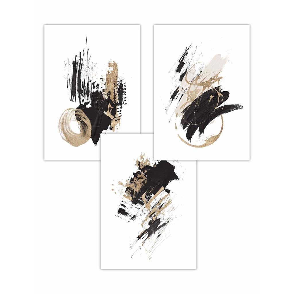 Set of 3 Abstract Wall Art Prints from Oil Paintings Black and Gold