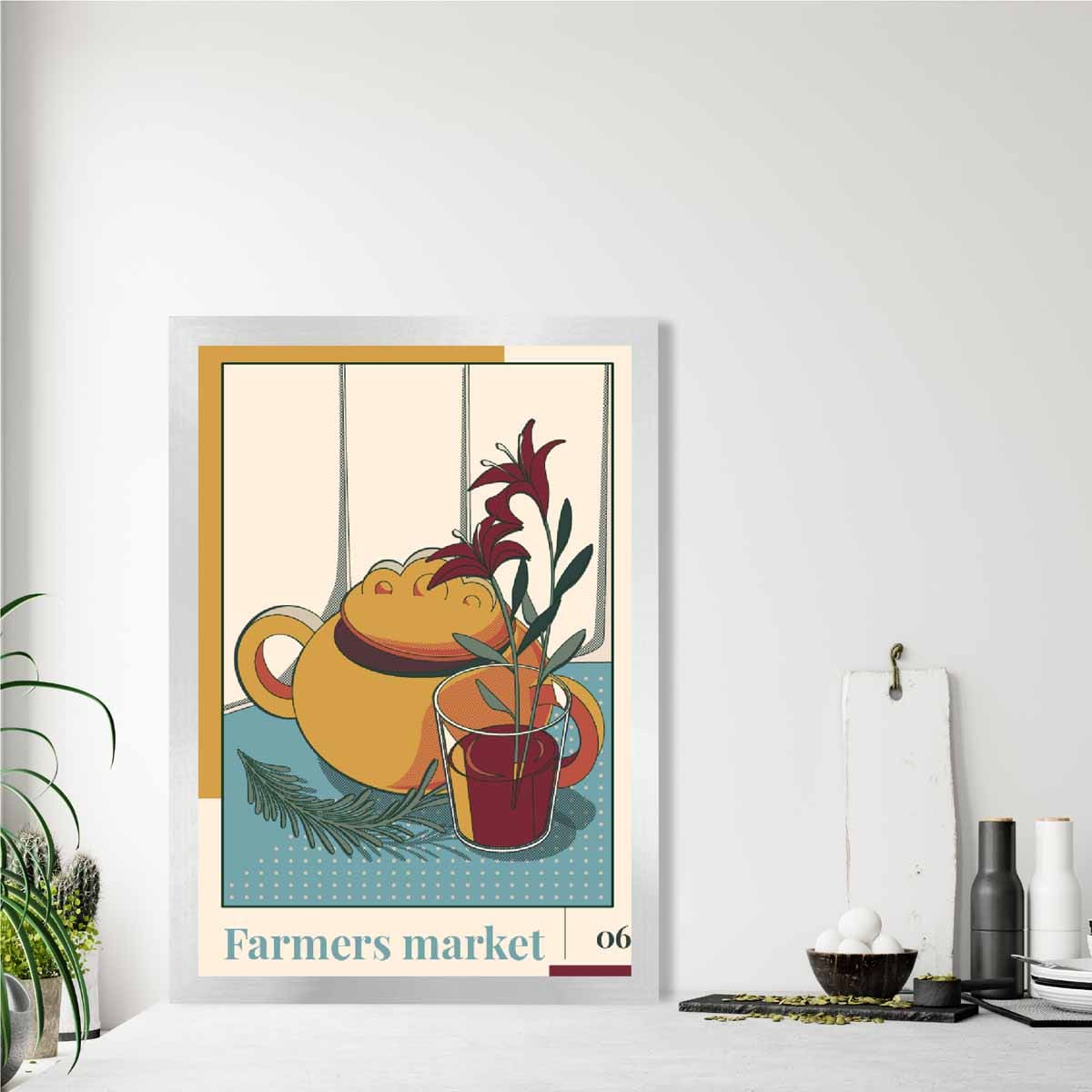 Farmers Market Poster No 6 in Damson Red and Blue