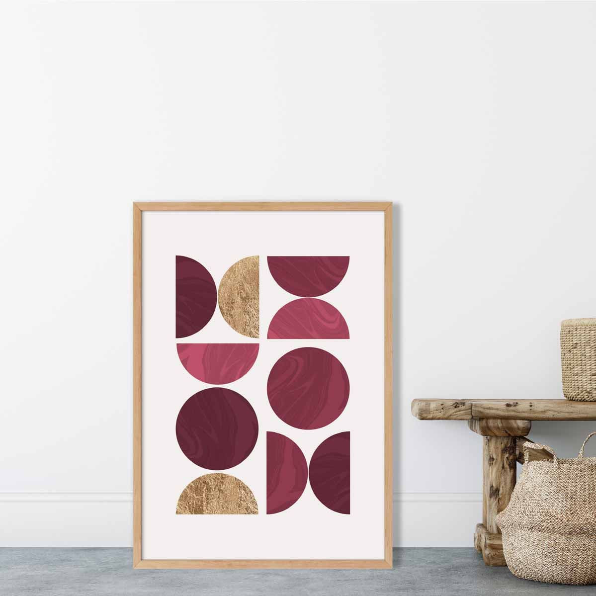 Mid Century Modern Geometric Print No 1 in Damson Red and Gold