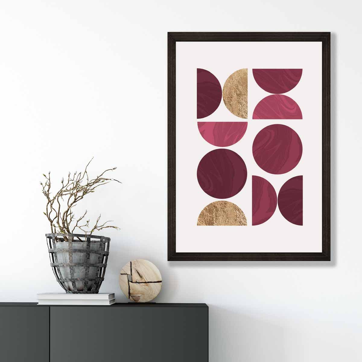 Mid Century Modern Geometric Print No 1 in Damson Red and Gold