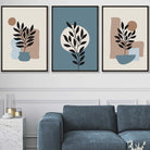 Botanical Set of 3 Boho Wall Art Prints in Blue and Brown