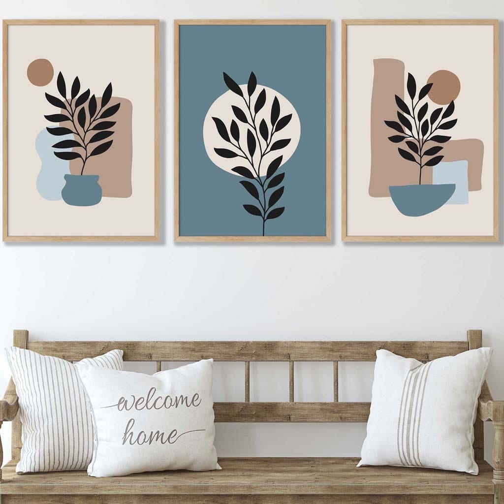 Botanical Set of 3 Boho Wall Art Prints in Blue and Brown