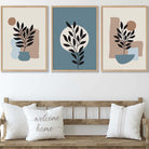 Botanical Set of 3 Boho Wall Art Prints in Blue and Brown