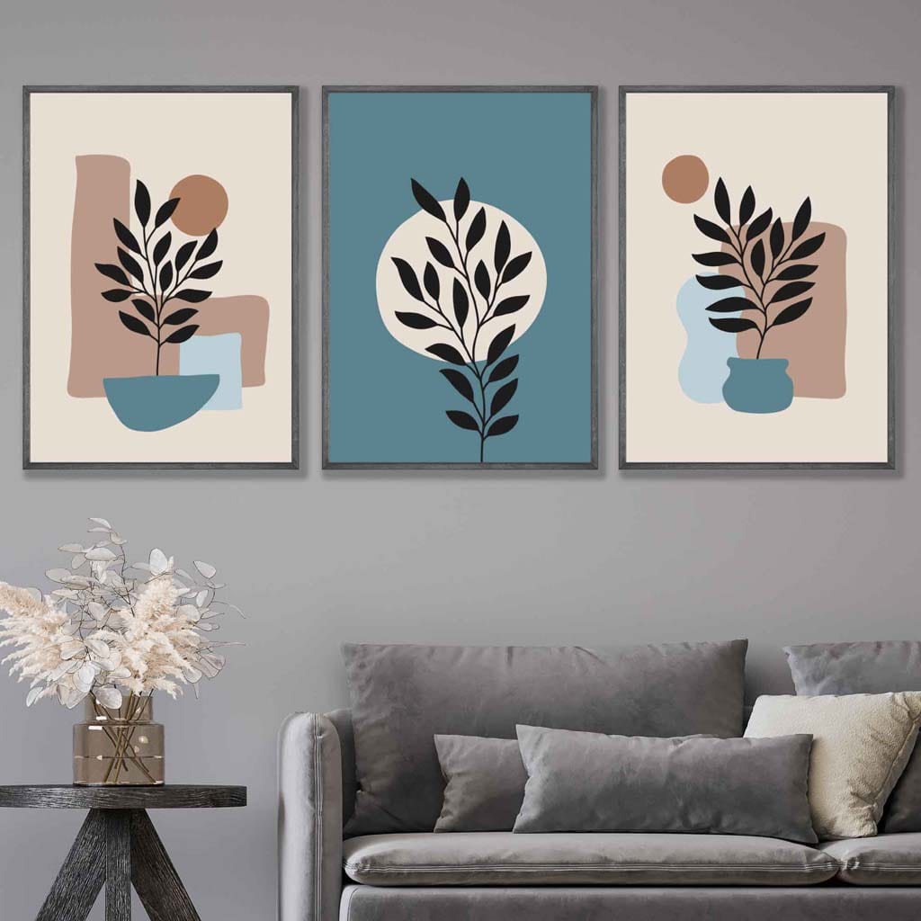 Botanical Set of 3 Boho Wall Art Prints in Blue and Brown