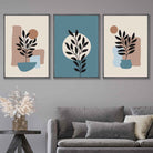 Botanical Set of 3 Boho Wall Art Prints in Blue and Brown