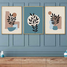 Botanical Set of 3 Boho Wall Art Prints in Blue and Brown