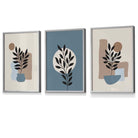 Botanical Set of 3 Boho Framed Wall Art Prints in Blue | Cream | Artze Wall Art UK