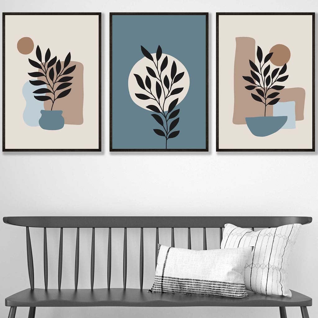 Botanical Set of 3 Boho Wall Art Prints in Blue and Brown