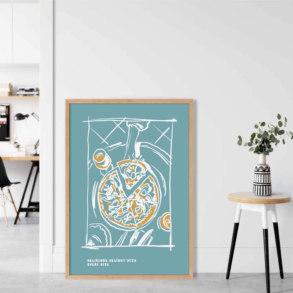 Kitchen Poster Pizza Sketch with Quote in Blue