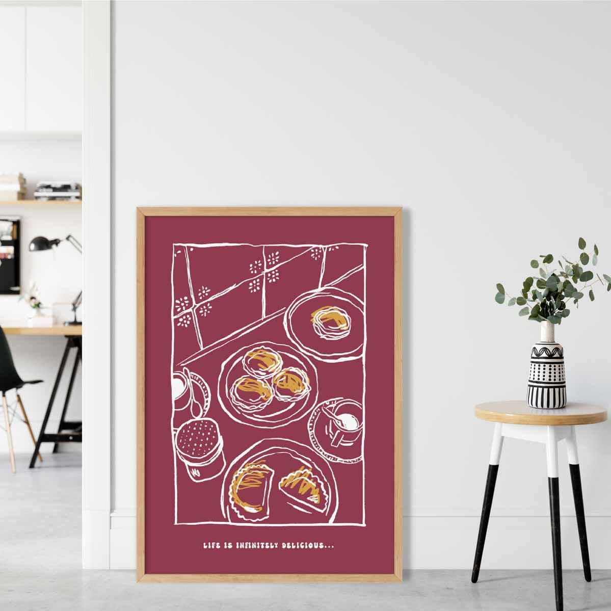 Kitchen Poster Delicious Pastries Sketch with Quote Red