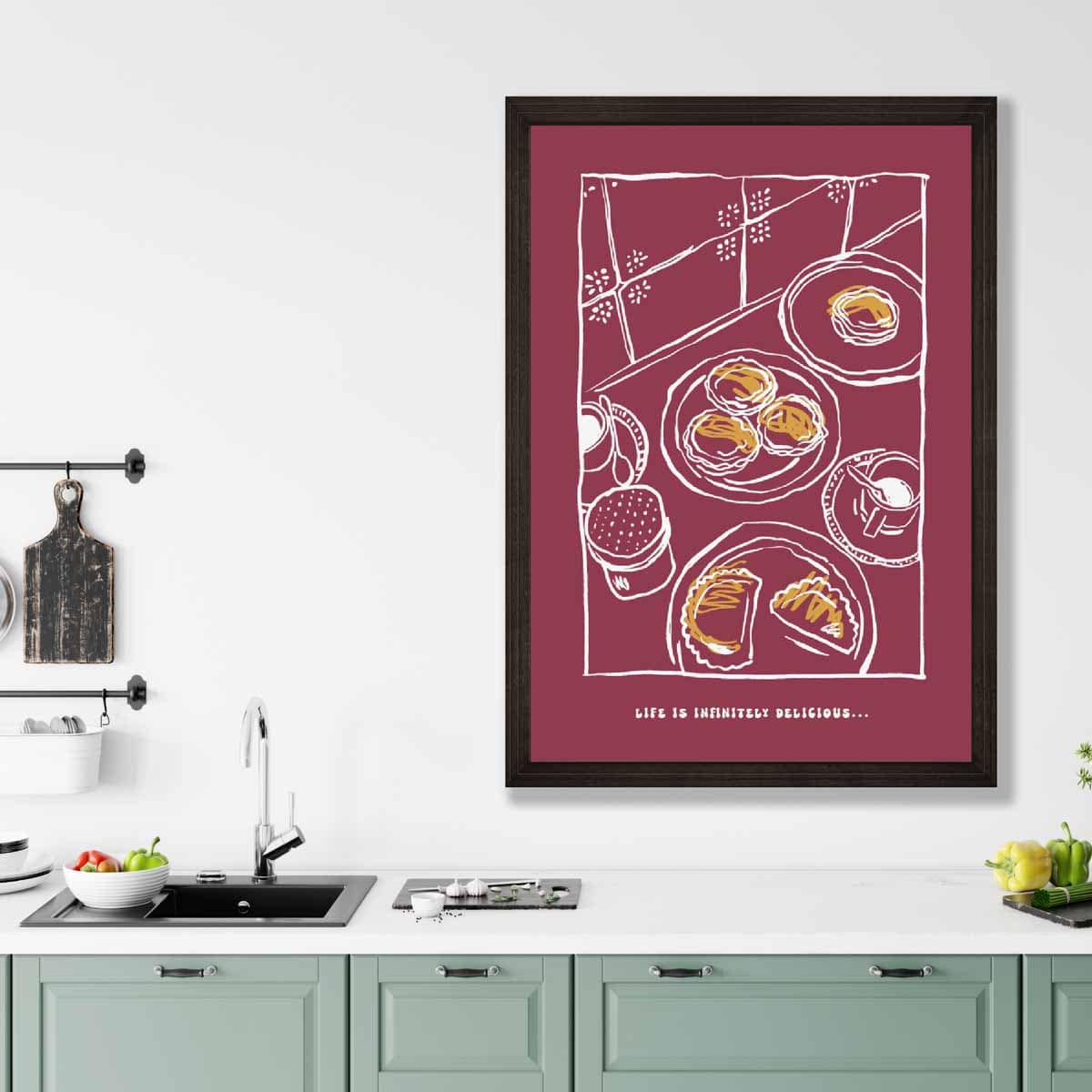 Kitchen Poster Delicious Pastries Sketch with Quote Red