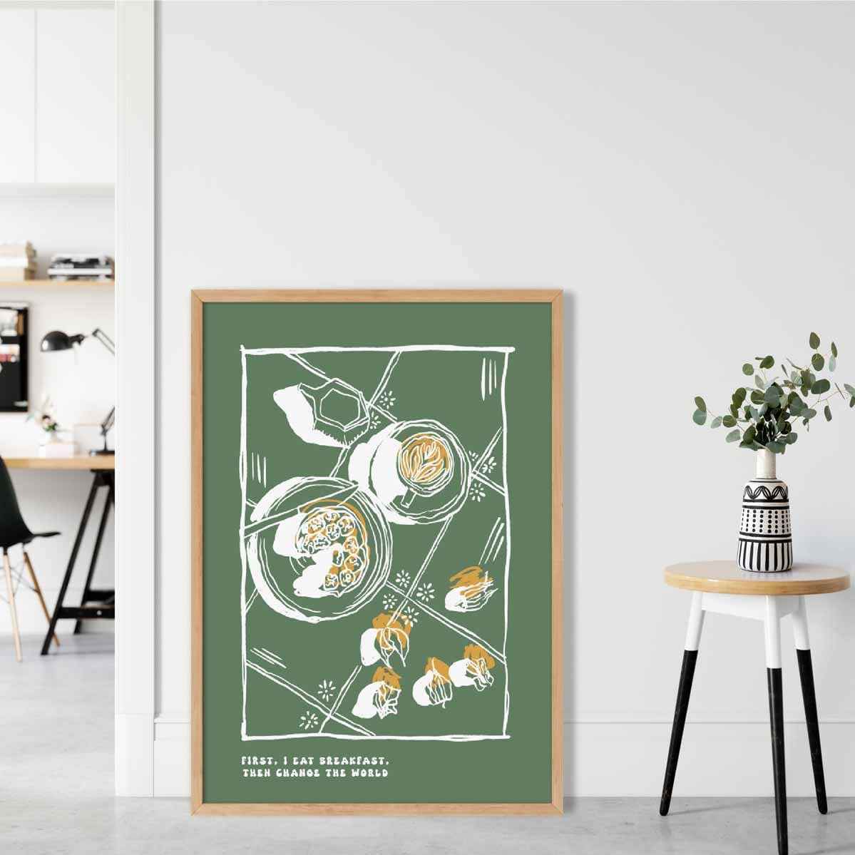 Kitchen Poster Breakfast Sketch with Quote in Green