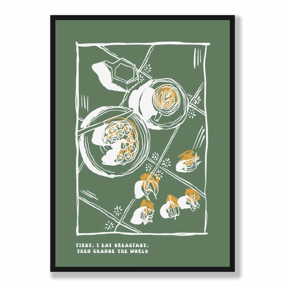 Kitchen Poster Breakfast Sketch with Quote in Green