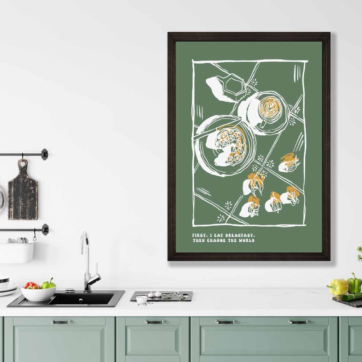 Kitchen Poster Breakfast Sketch with Quote in Green